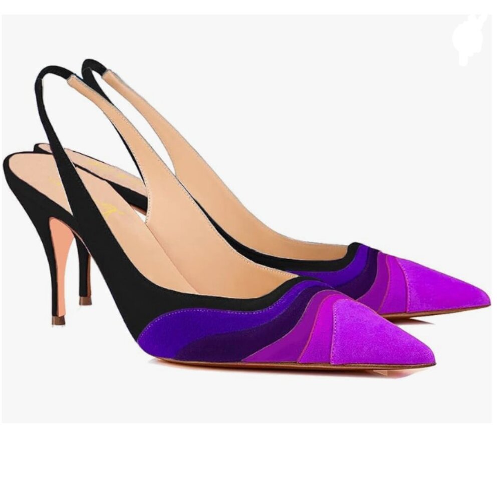 FOWT Purple Pointed Toe Slingback Rainbow Color Stripes High Heel Pumps